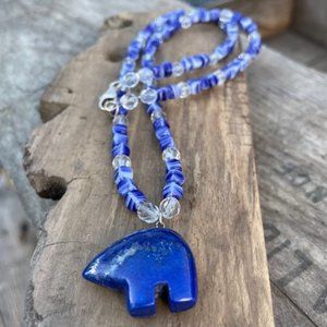 Hand Carved Blue Lazurite Gemstone Bear Pendant Bead Necklace